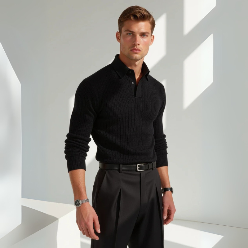 The Positano Ribbed Cotton Knit Polo in Black