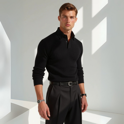 The Positano Ribbed Cotton Knit Polo in Black