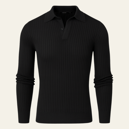 The Positano Ribbed Cotton Knit Polo in Black